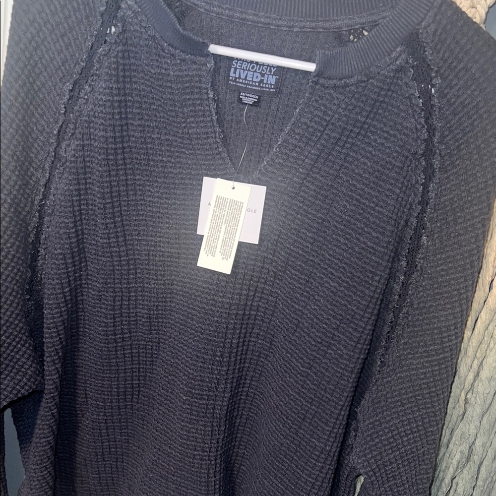 AE big hug v neck waffle sweater lace inset
